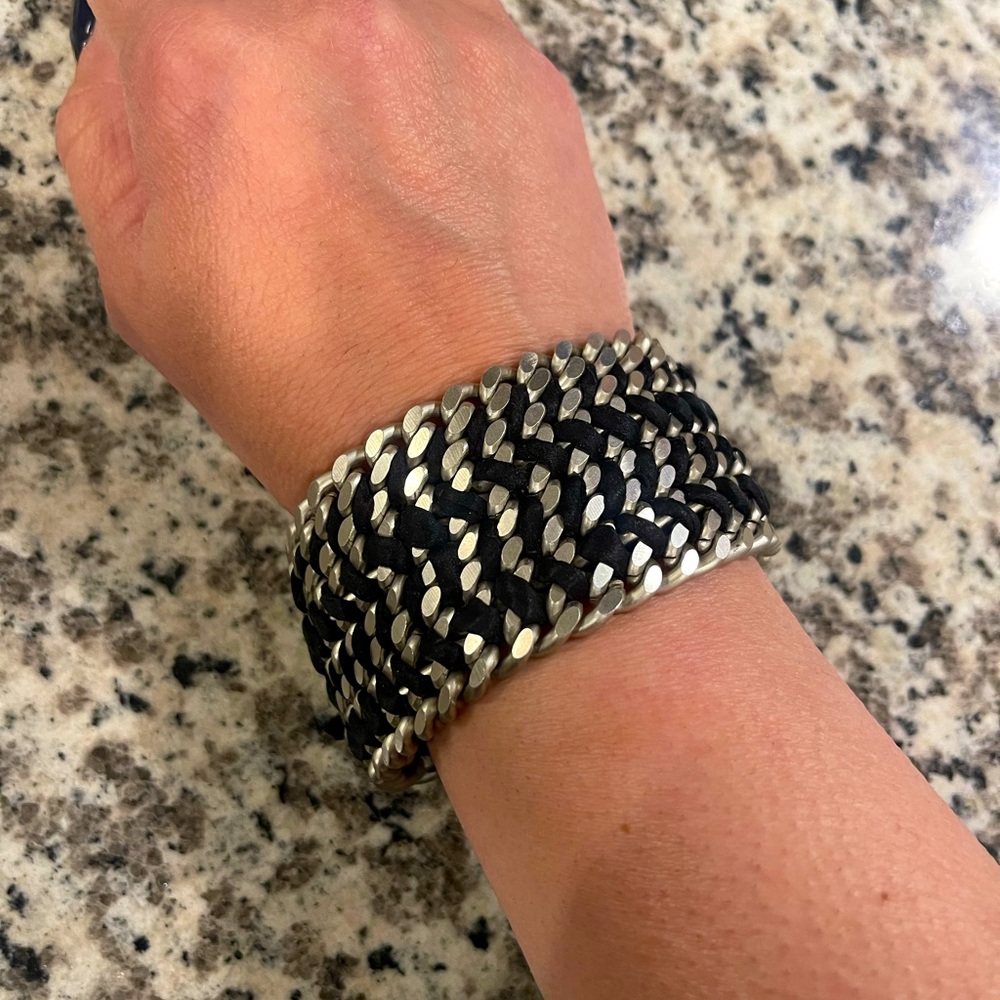 Black/Silver woven silk cord and chain bracelet